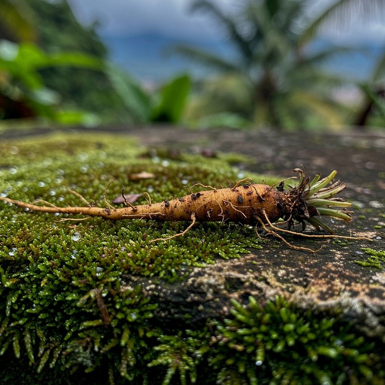 A bitter dandelion root lies alone on a worn, moss-covered s... | ShopAyahuascaRetreats
