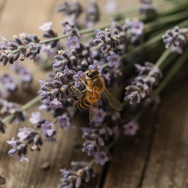 A close-up of a bee collecting nectar from a patch of lavend... | ShopAyahuascaRetreats