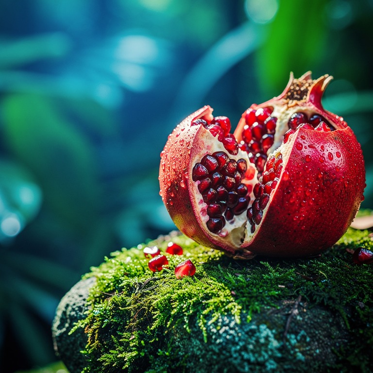 A close-up of a freshly cracked pomegranate on a moss-covere... | ShopAyahuascaRetreats