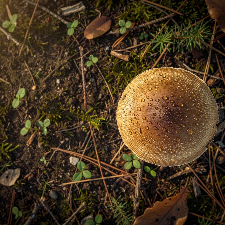 A close-up of a psilocybin mushroom cap, glistening with dew... | ShopAyahuascaRetreats