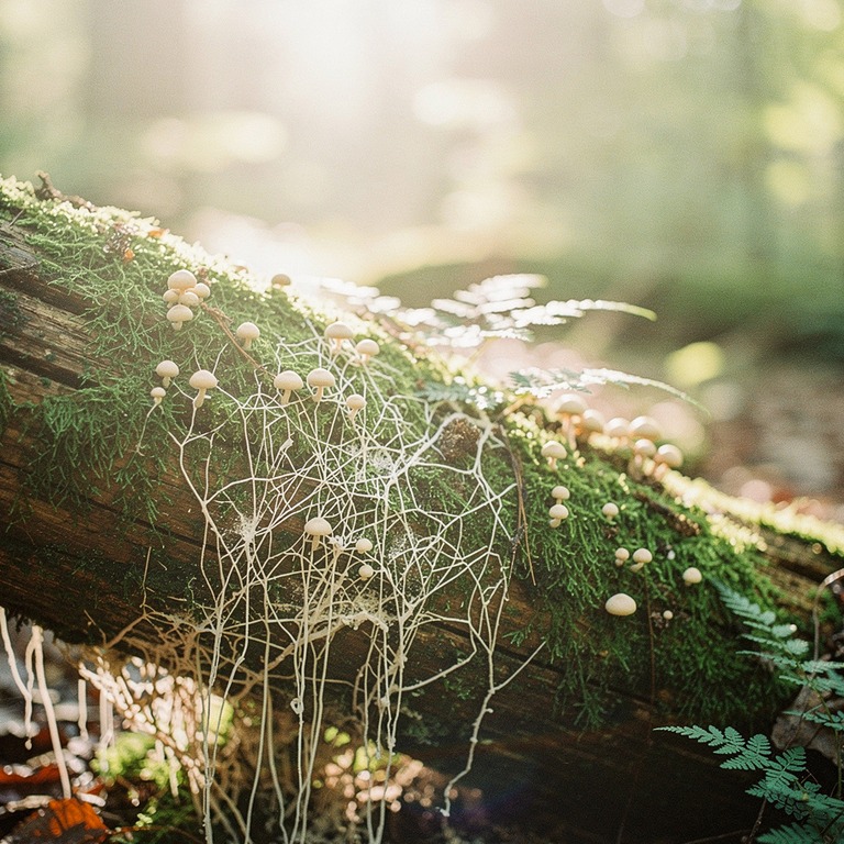 A close-up of mycelium growing on a moss-covered log, illumi... | ShopAyahuascaRetreats