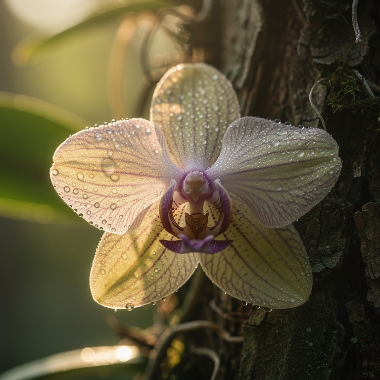 A delicate, dew-kissed orchid blooming on the bark of an anc... | ShopAyahuascaRetreats