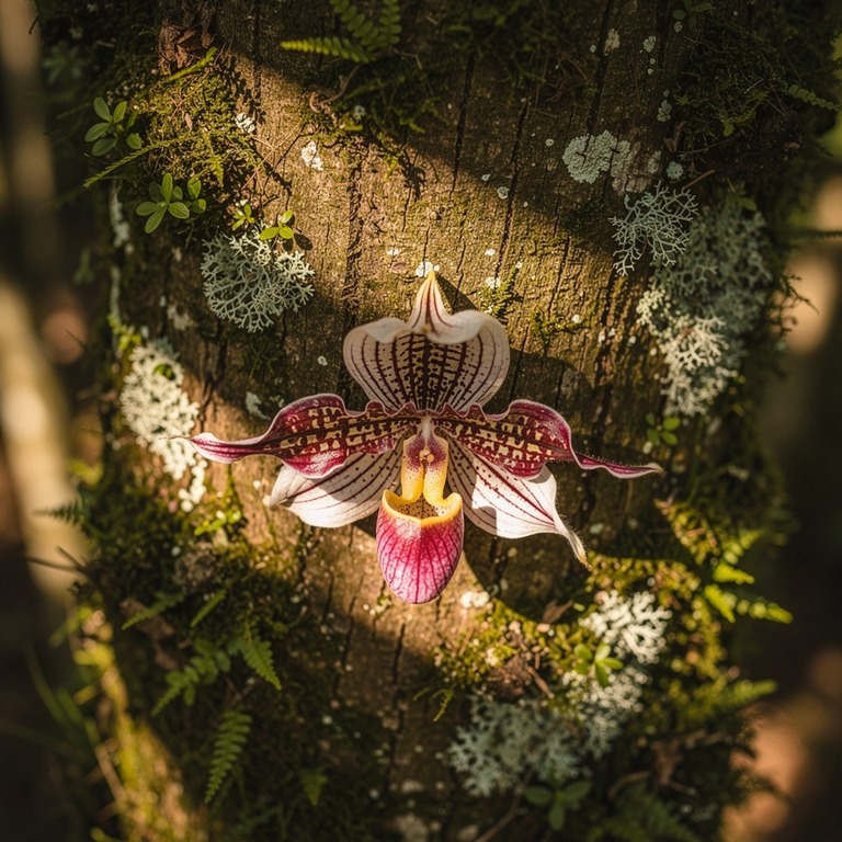 A delicate, exotic orchid blooming on the bark of a tree, it... | ShopAyahuascaRetreats