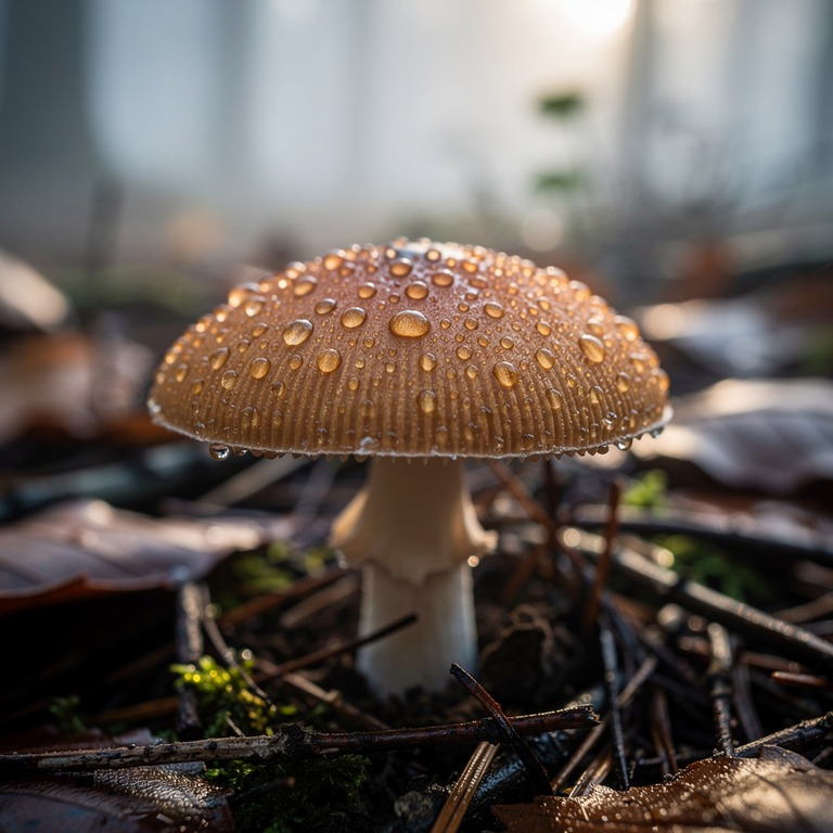 A macro shot of a single, dew-covered psilocybin mushroom ca... | ShopAyahuascaRetreats