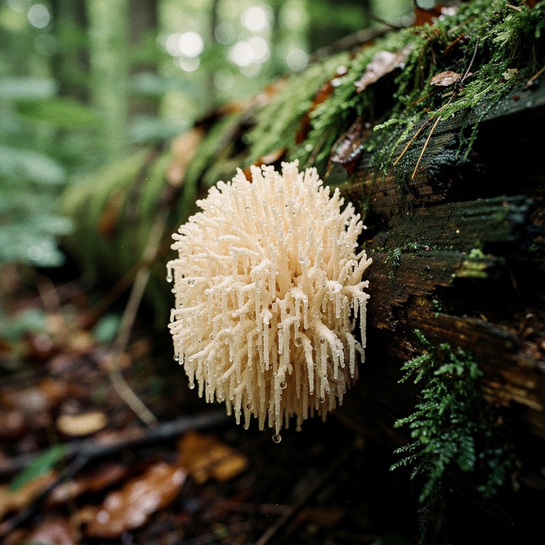 A macro shot of a single, dewy lion's mane mushroom growing ... | ShopAyahuascaRetreats
