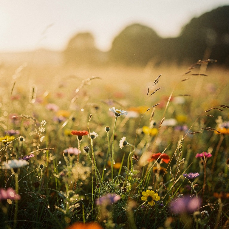 A morning sunlit meadow with a variety of wildflowers swayin... | ShopAyahuascaRetreats