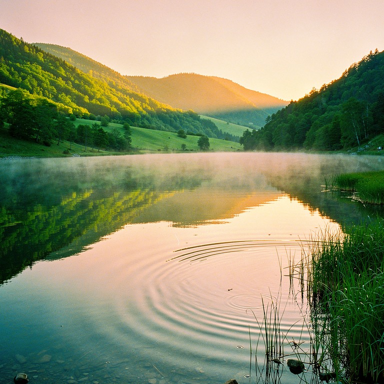 A serene lake at sunrise, with a few ripples disturbing the ... | ShopAyahuascaRetreats