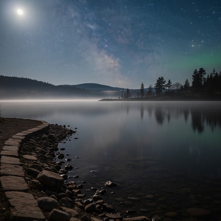 A serene, moonlit night sky over a tranquil, dark lake, with... | ShopAyahuascaRetreats