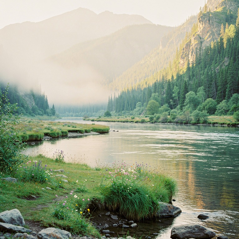 A serene mountain valley at dawn with a meandering river, sy... | ShopAyahuascaRetreats