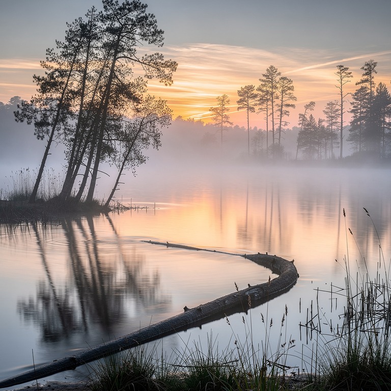 A serene, still lake at dawn, with mist rising from the calm... | ShopAyahuascaRetreats