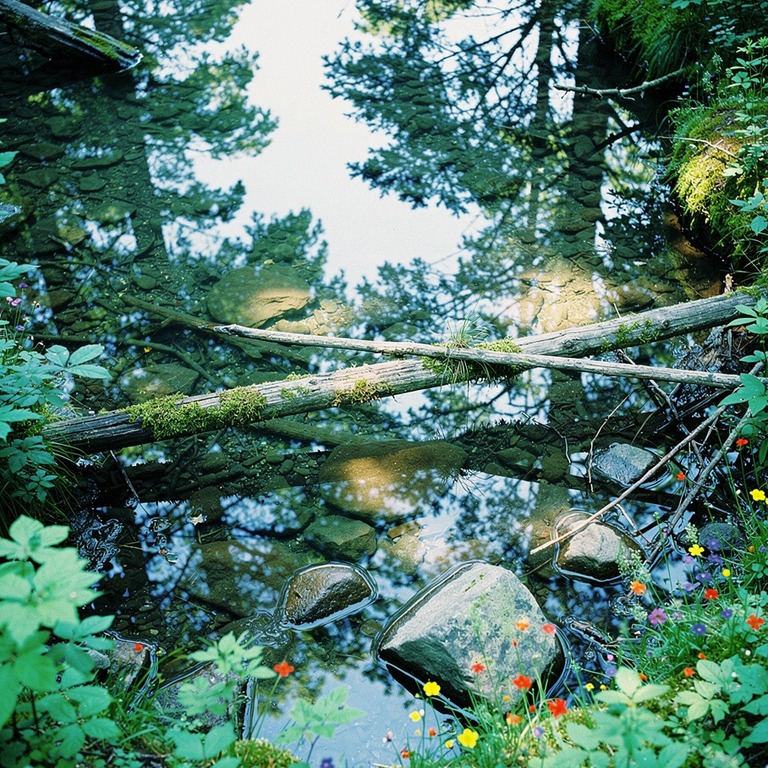 A shallow forest pool reflecting the dappled light of the su... | ShopAyahuascaRetreats
