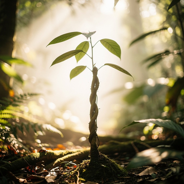 A solitary ayahuasca vine unfurls its leaves in the dappled ... | ShopAyahuascaRetreats