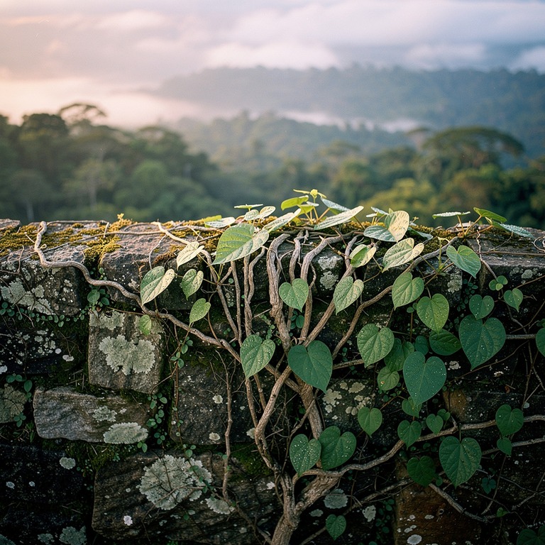 A sprawling ayahuasca vine covering a stone wall, set agains... | ShopAyahuascaRetreats