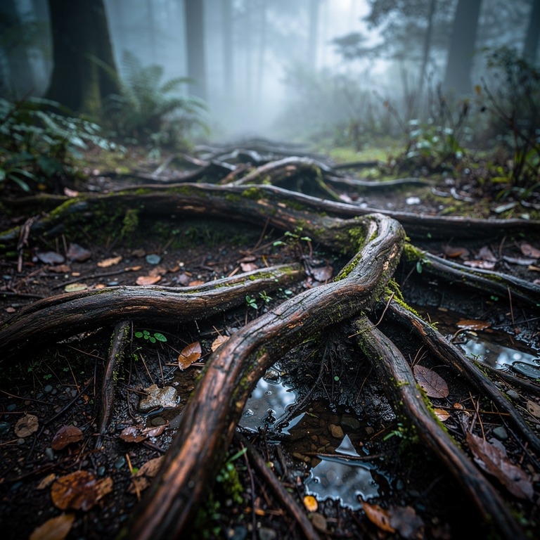 A sprawling root system of an ancient tree, exposed and twis... | ShopAyahuascaRetreats