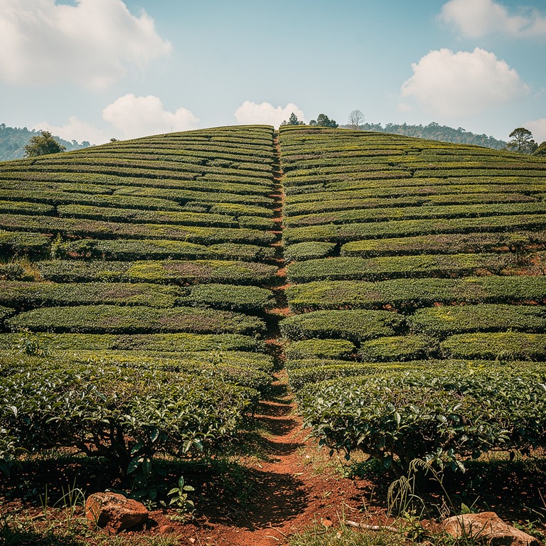 A sprawling, terraced hillside, with rows of tea plants stre... | ShopAyahuascaRetreats