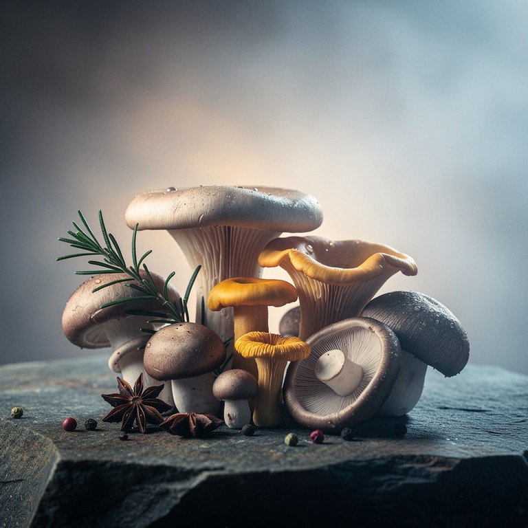 A still life of various edible mushrooms arranged on a natur... | ShopAyahuascaRetreats