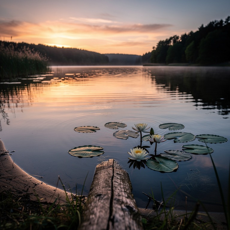 A tranquil lake at sunset, with a few water lilies and a sti... | ShopAyahuascaRetreats