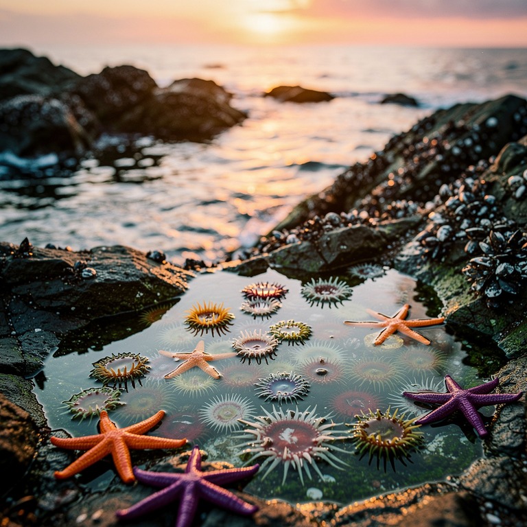 A tranquil ocean cove at low tide, featuring a cluster of ti... | ShopAyahuascaRetreats
