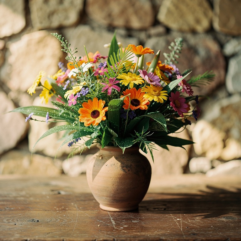 A vibrant bouquet of wildflowers on a rustic wooden table, s... | ShopAyahuascaRetreats