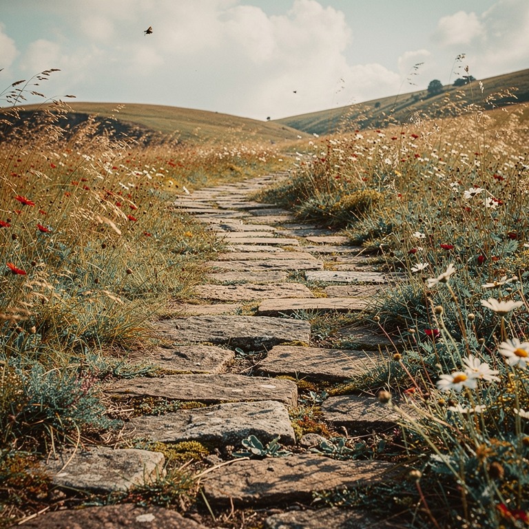 A weathered, stone path winding through a rolling pasture, l... | ShopAyahuascaRetreats