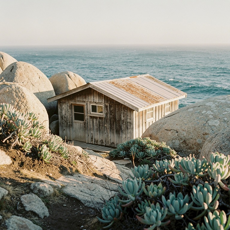 A weathered wooden cabin nestled among boulders and succulen... | ShopAyahuascaRetreats