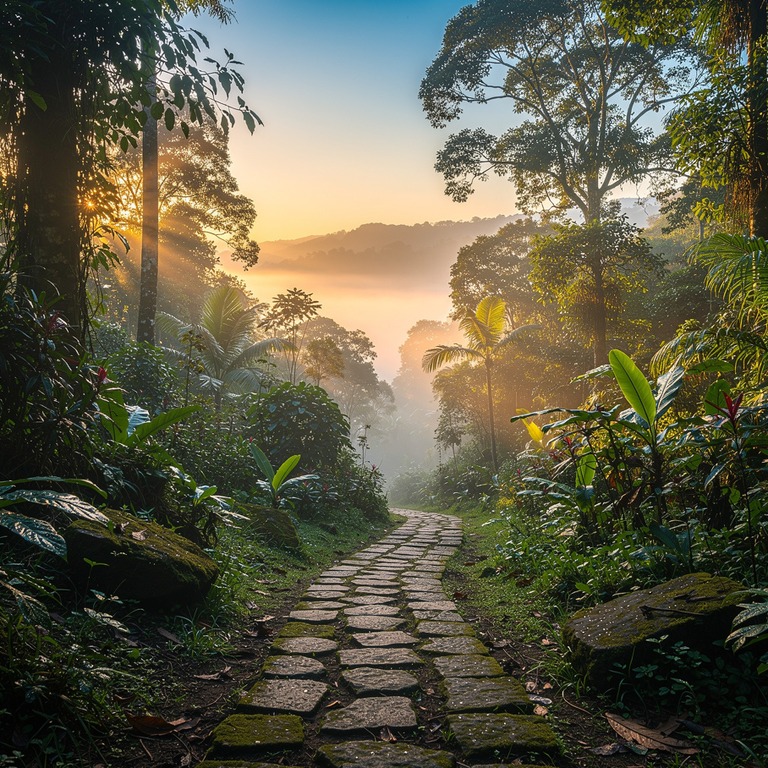 A winding stone path in a misty mountain foothill at dawn, w... | ShopAyahuascaRetreats