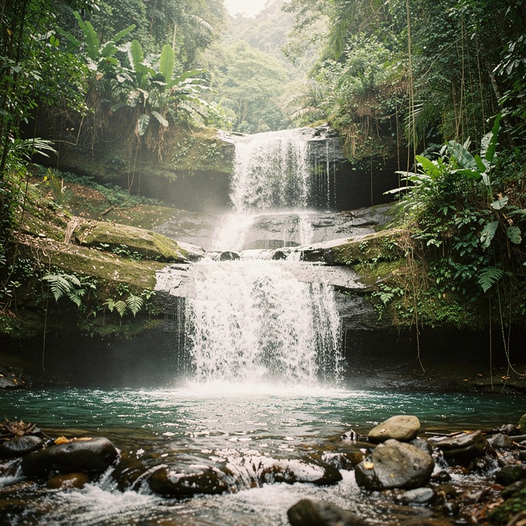 Cascade tumbling through fern-covered rocks in a tropical va... | ShopAyahuascaRetreats