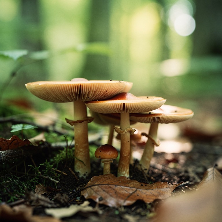 Cluster of forest mushrooms with intricate gill detail under... | ShopAyahuascaRetreats