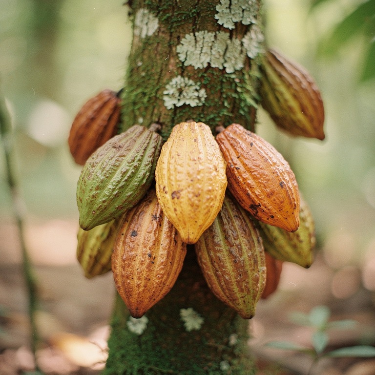Cluster of wild cacao pods on a tree trunk, soft forest ligh... | ShopAyahuascaRetreats