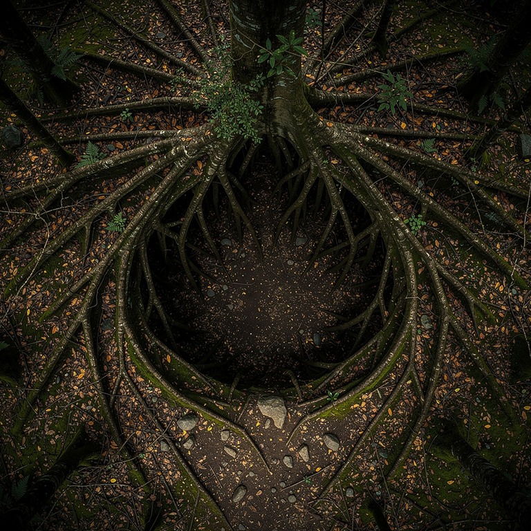 Exposed tree roots forming natural archways in a forest | ShopAyahuascaRetreats