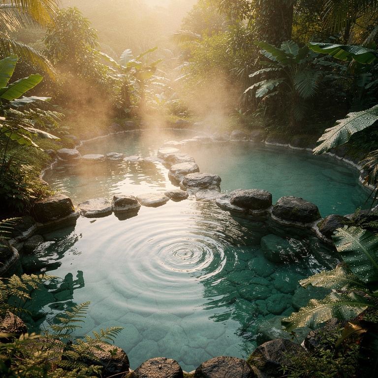 Jungle hot springs with steam rising at sunrise | ShopAyahuascaRetreats