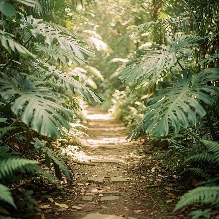 Jungle path lined with giant philodendron leaves and ferns | ShopAyahuascaRetreats