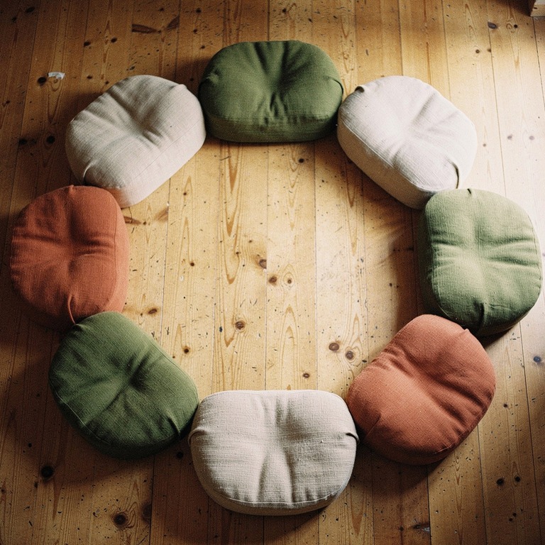 Meditation cushions arranged in a circle on a wooden floor | ShopAyahuascaRetreats