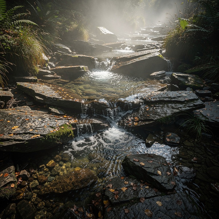 Misty mountain stream cascading over flat stones | ShopAyahuascaRetreats