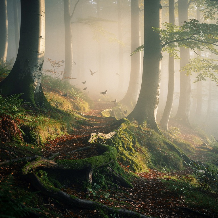 Mossy beech woodland in foggy morning, pale tree trunks | ShopAyahuascaRetreats