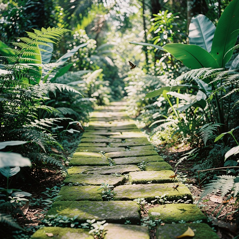 Mossy stone path winding through a fern-filled forest | ShopAyahuascaRetreats