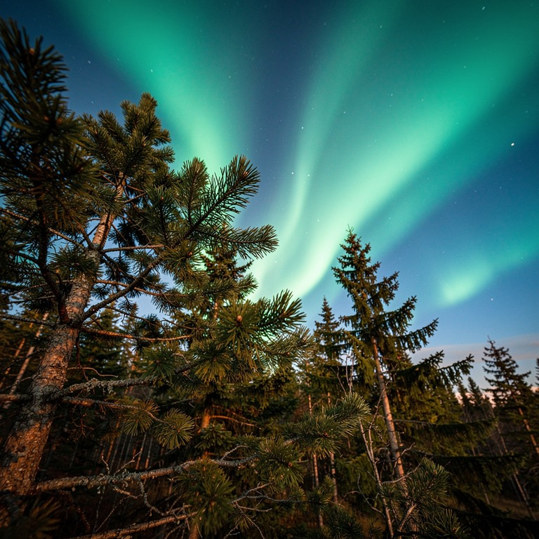 Northern lights over a spruce forest, cool green glow | ShopAyahuascaRetreats