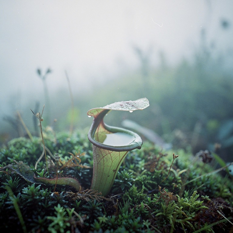 Pitcher plant nestled in moss, water collected inside the cu... | ShopAyahuascaRetreats