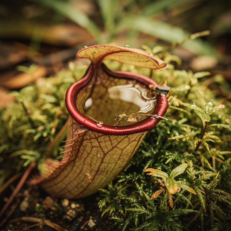 Pitcher plant nestled in moss, water collected inside the cu... | ShopAyahuascaRetreats