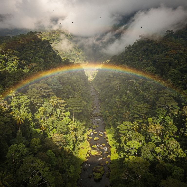 Rainbow arching over a misty rainforest valley after a storm | ShopAyahuascaRetreats