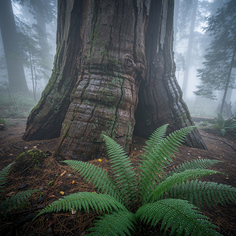 Sequoia trunk filling the frame, massive scale, ferns at bas... | ShopAyahuascaRetreats