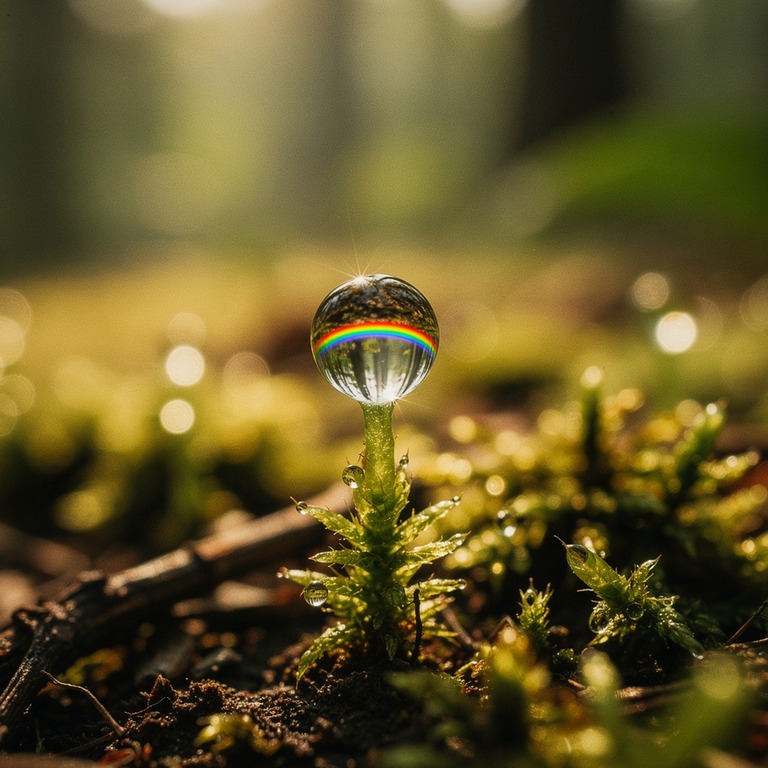 Single drop of dew on a moss tip, refracted rainbow inside | ShopAyahuascaRetreats