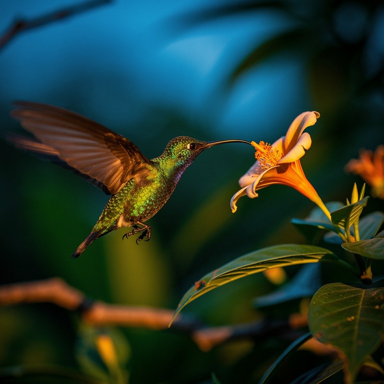 Sunbird hovering by a tropical flower, wings caught in motio... | ShopAyahuascaRetreats