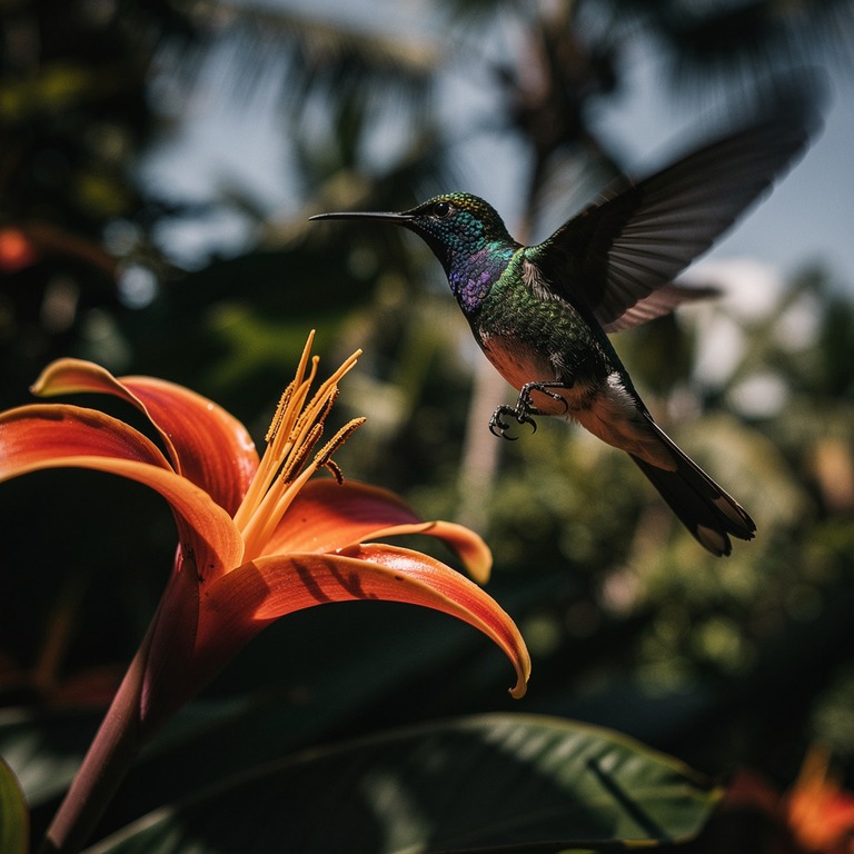 Sunbird hovering by a tropical flower, wings caught in motio... | ShopAyahuascaRetreats