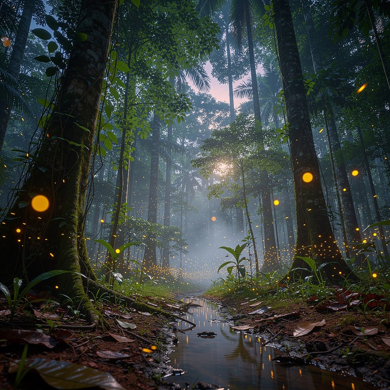 Twilight in the Amazon, fireflies appearing among the trees | ShopAyahuascaRetreats