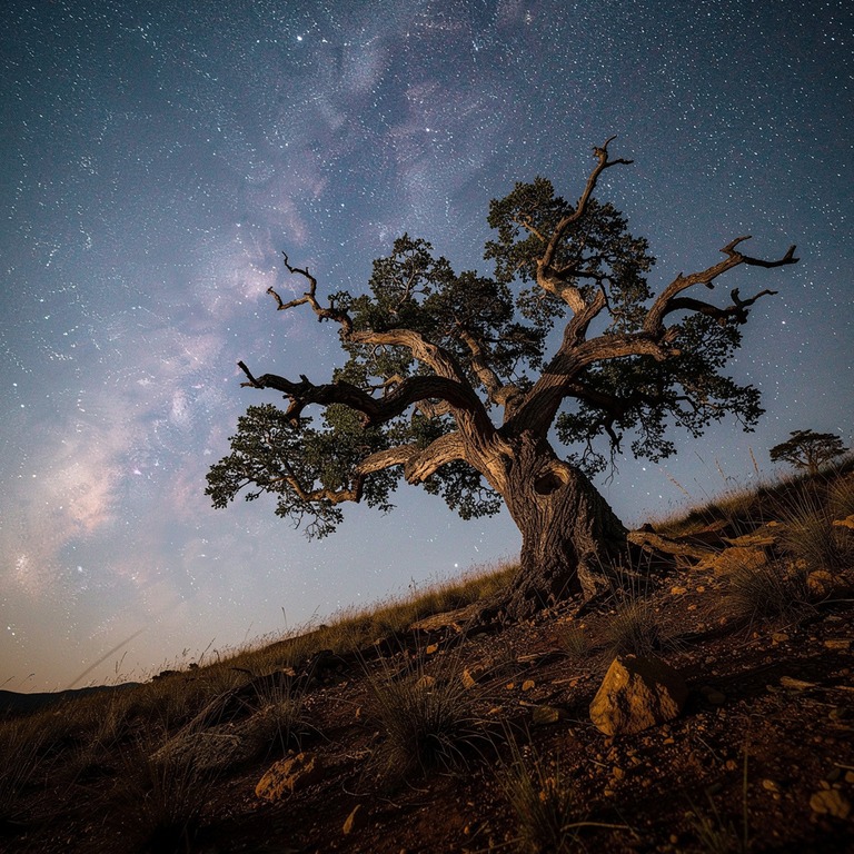 Under the star-studded night sky, a solitary, ancient tree s... | ShopAyahuascaRetreats