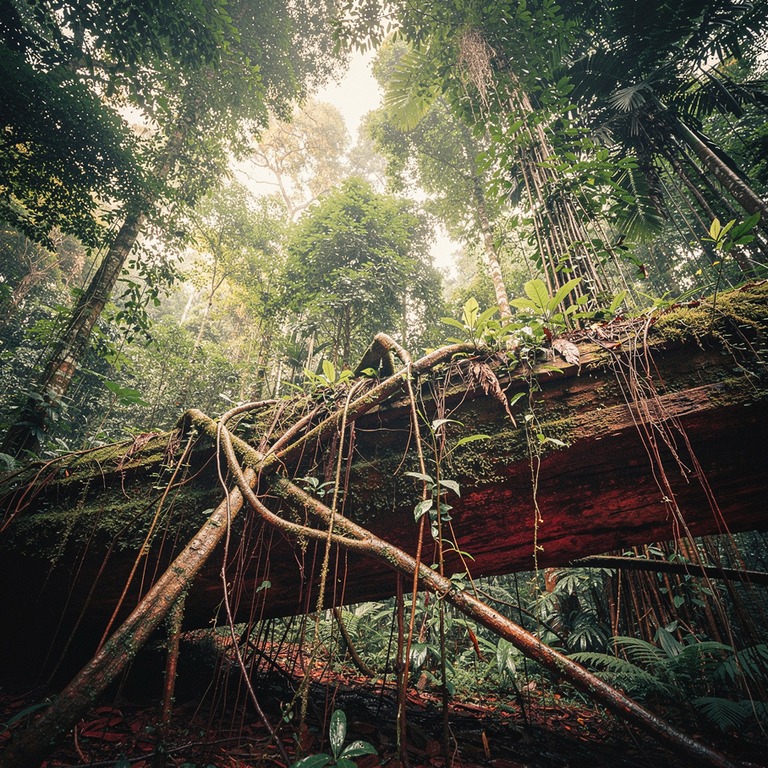 Vines tangled across a fallen tree trunk in deep rainforest | ShopAyahuascaRetreats