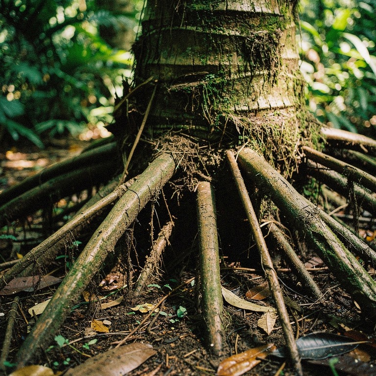 Walking palm tree with stilted exposed roots, low jungle lig... | ShopAyahuascaRetreats