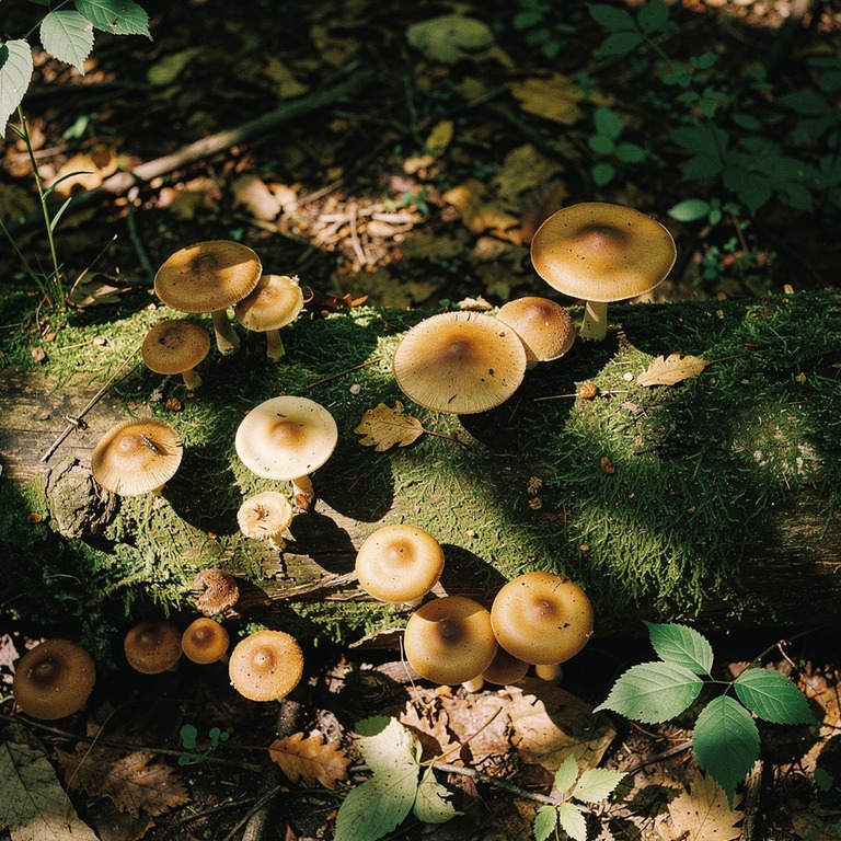 Wild mushrooms scattered on a mossy log, dappled forest ligh... | ShopAyahuascaRetreats