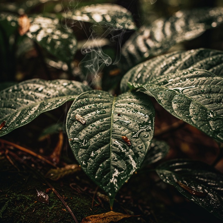 Wisps of steam rising from wet rainforest leaves after a dow... | ShopAyahuascaRetreats
